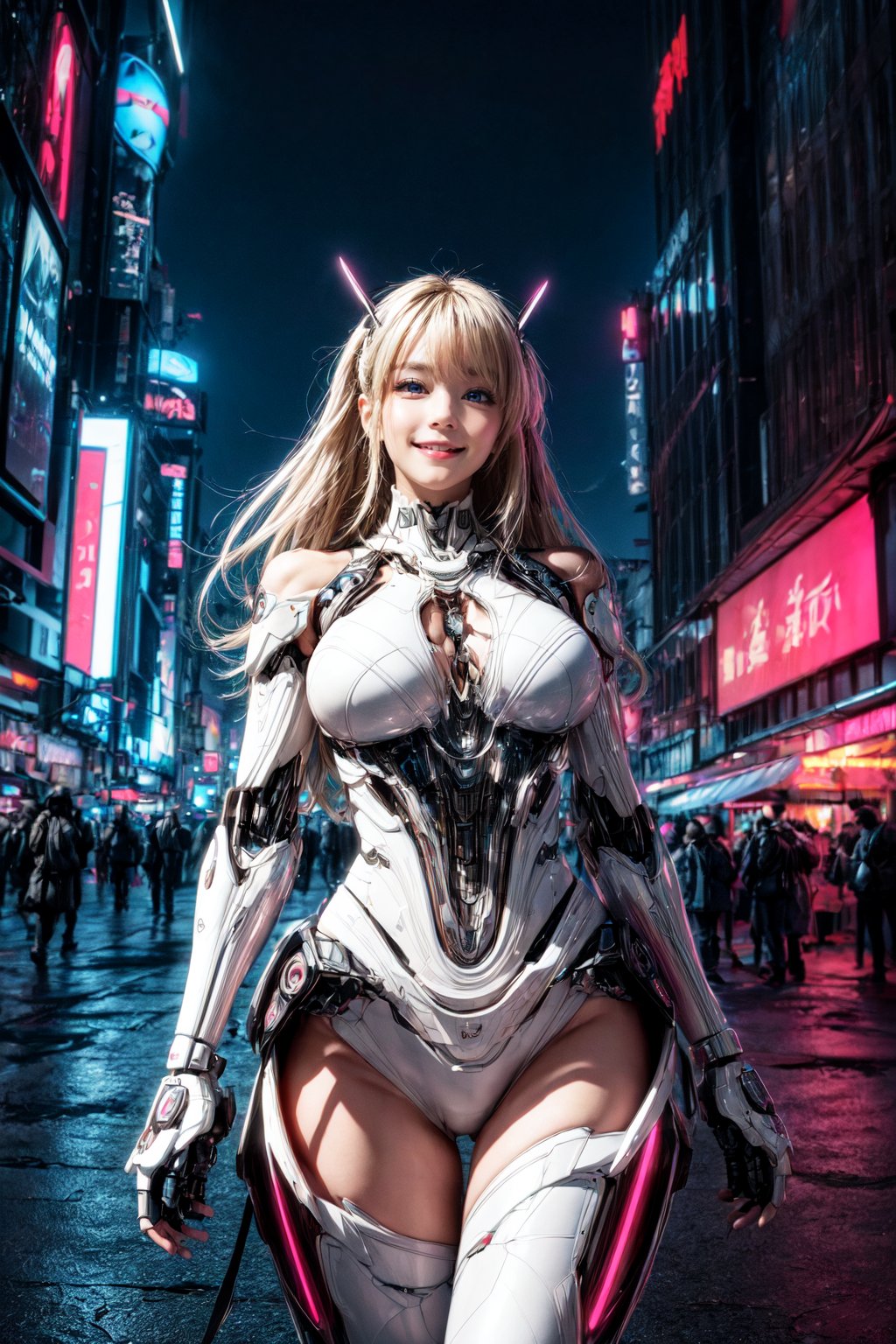 Masterpiece, High quality, 64K, Unity 64K Wallpaper, HDR, Best Quality, RAW, Super Fine Photography, Super High Resolution, Super Detailed, 
Beautiful and Aesthetic, Stunningly beautiful, Perfect proportions, 
1girl, Solo, White skin, Detailed skin, Realistic skin details, 
Futuristic Mecha, Arms Mecha, Dynamic pose, Battle stance, Swaying hair, by FuturEvoLab, 
Dark City Night, Cyberpunk city, Cyberpunk architecture, Future architecture, Fine architecture, Accurate architectural structure, Detailed complex busy background, Gorgeous, Cherry blossoms,
Sharp focus, Perfect facial features, Pure and pretty, Perfect eyes, Lively eyes, Elegant face, Delicate face, Exquisite face, Pink Mecha, 