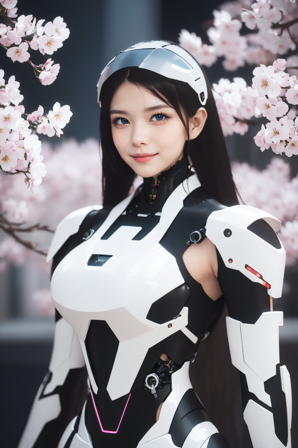 Masterpiece, High quality, 64K, Unity 64K Wallpaper, HDR, Best Quality, RAW, Super Fine Photography, Super High Resolution, Super Detailed, 
Beautiful and Aesthetic, Stunningly beautiful, Perfect proportions, 
1girl, Solo, White skin, Detailed skin, Realistic skin details, 
Futuristic Mecha, Arms Mecha, Dynamic pose, Battle stance, Swaying hair, by FuturEvoLab, 
Dark City Night, Cyberpunk City, Cyberpunk architecture, Future architecture, Fine architecture, Accurate architectural structure, Detailed complex busy background, Gorgeous, Cherry blossoms, ((Depth of field)), 
Sharp focus, Perfect facial features, Pure and pretty, Perfect eyes, Lively eyes, Elegant face, Delicate face, Exquisite face, Pink Mecha, ,Mecha,Cyberpunk