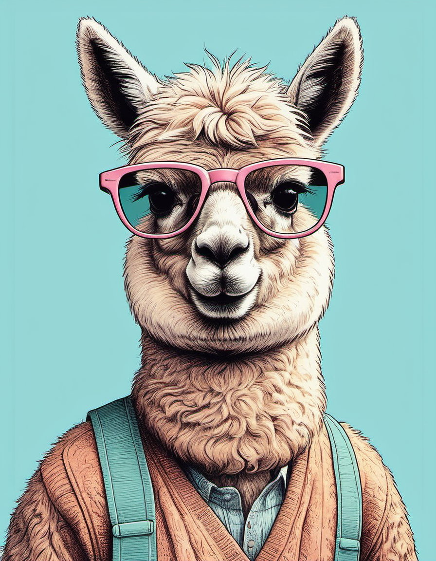 a hipster alpaca with sunglasses magazine cover photography this guy is so pretentious! line art illustration pastel colors