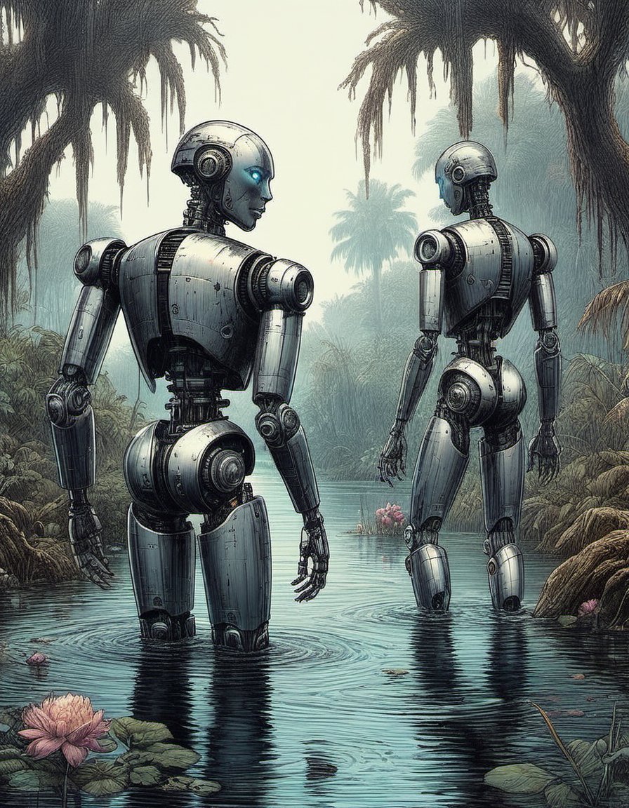 robots wade deeply submerged in the swamps of Florida silver onyx and brass baroque engineering styled androids in water beautiful and cinematic