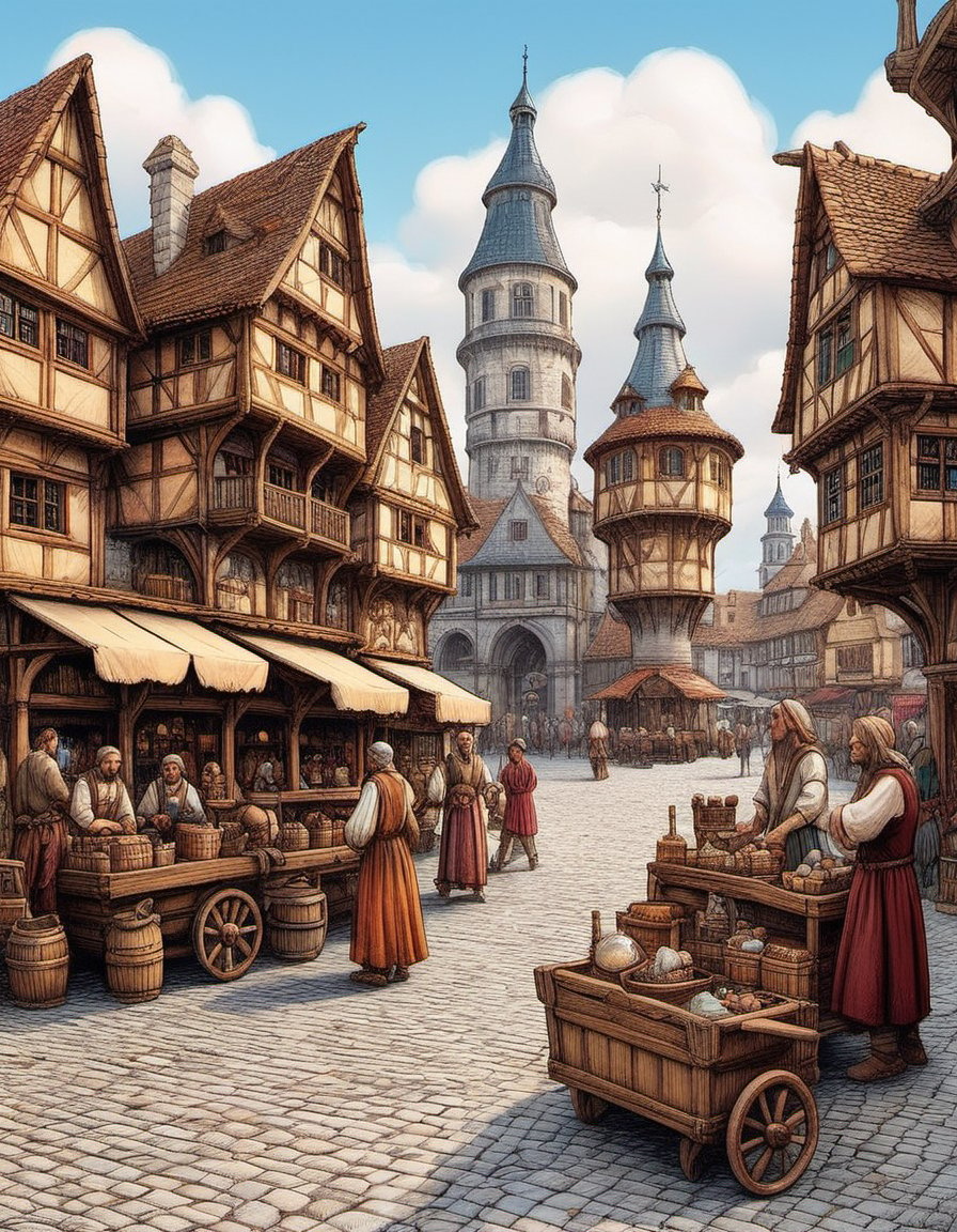 medieval style town square with merchant shops and merchant carts bustling square with people in exotic costume beautiful fantasy architecture and cobble streets billowy clouds in the sky
