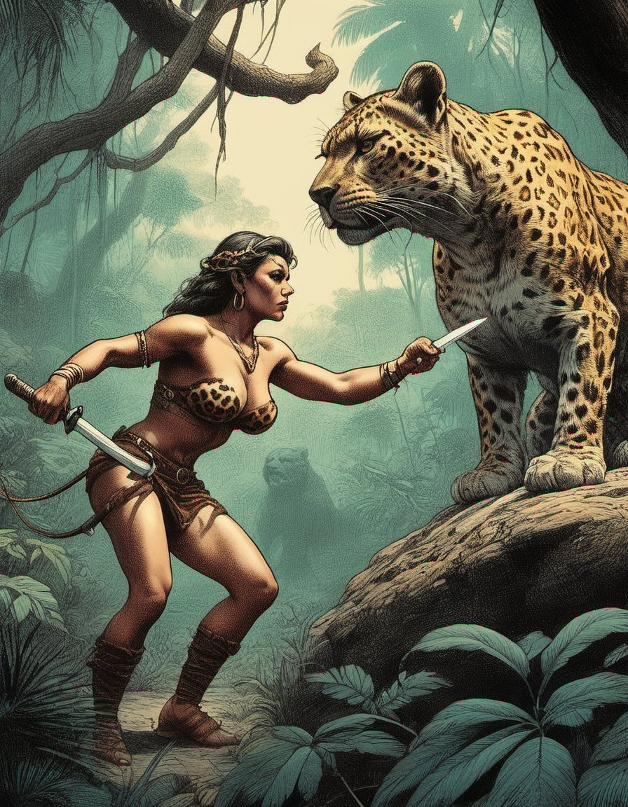 illustration of a beautiful curvy stone-age woman getting ready to fight a crouching leopard in a hazy jungle inspired by Frank Frazetta line art color