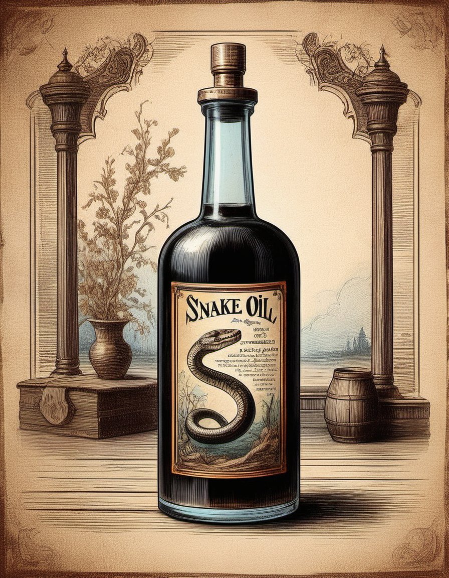 product photography snake oil from from 1890s old relic faded elaborate parchment label colored bottle with dark liquid rim light minimal background ink-drawn illustration ink art illustration 