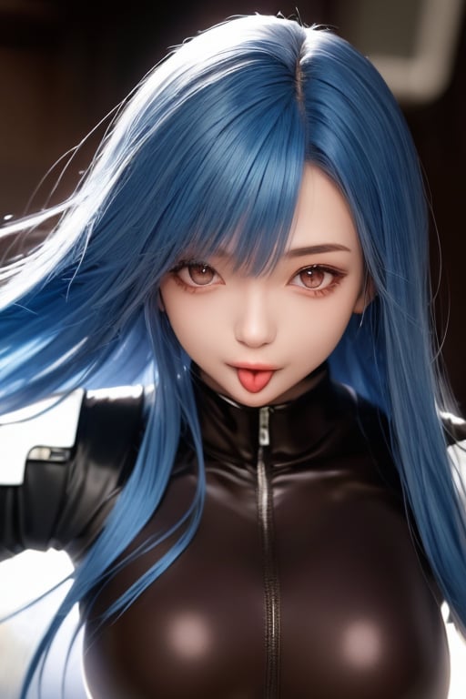 (masterpiece),(best quality), 

1girl, solo, long hair, looking at viewer, red eyes, gloves, brown eyes, medium breasts, blue hair, upper body, tongue, tongue out, bodysuit, :p, akanbe