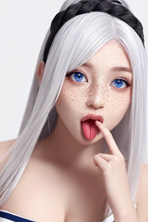 (masterpiece),(best quality), 
1girl, solo, blue eyes, simple background, hair ornament, white background, dress, upper body, white hair, tongue, striped, tongue out, strapless, hair bobbles, :p, forehead, freckles, striped dress, topknot, middle finger, akanbe