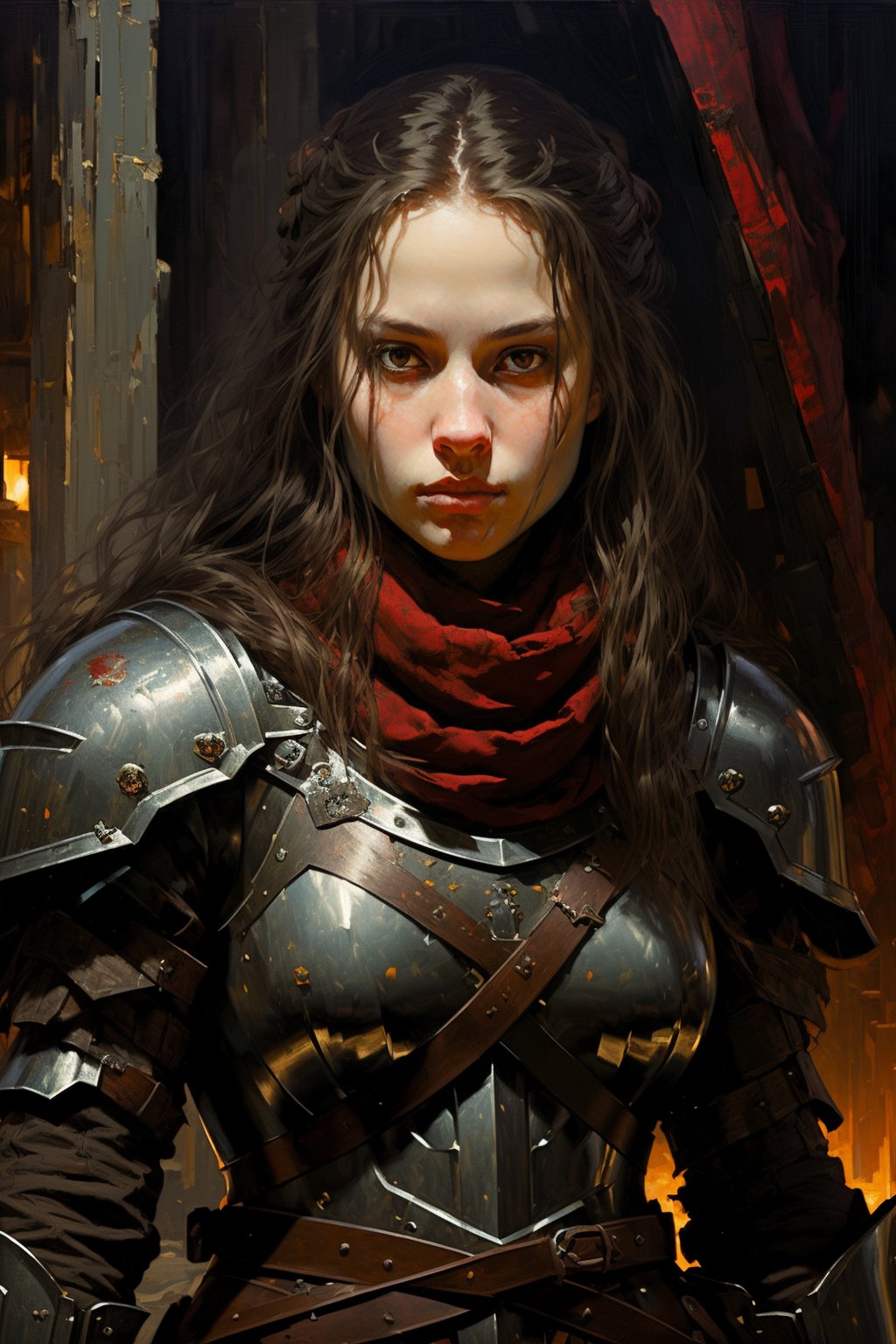 masterpiece, best quality, 1girl inside a dark room, long hair, brown eyes, armor, breastplate, brown belt, fantasy, (oil painting), red scarf, upper body, dark, night, no light <lora:epiNoiseoffset_v2:1.2>