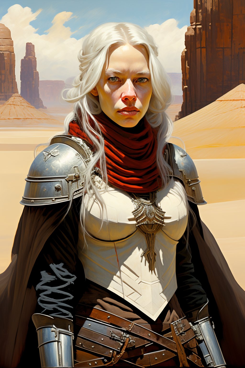 (oil painting), young woman, white hair, long hair, red scarf, armor, bearly, breastplate, day, fantasy, grey eyes, looking at viewer, oil painting, desert, sand, dune, sky, solo, desert background