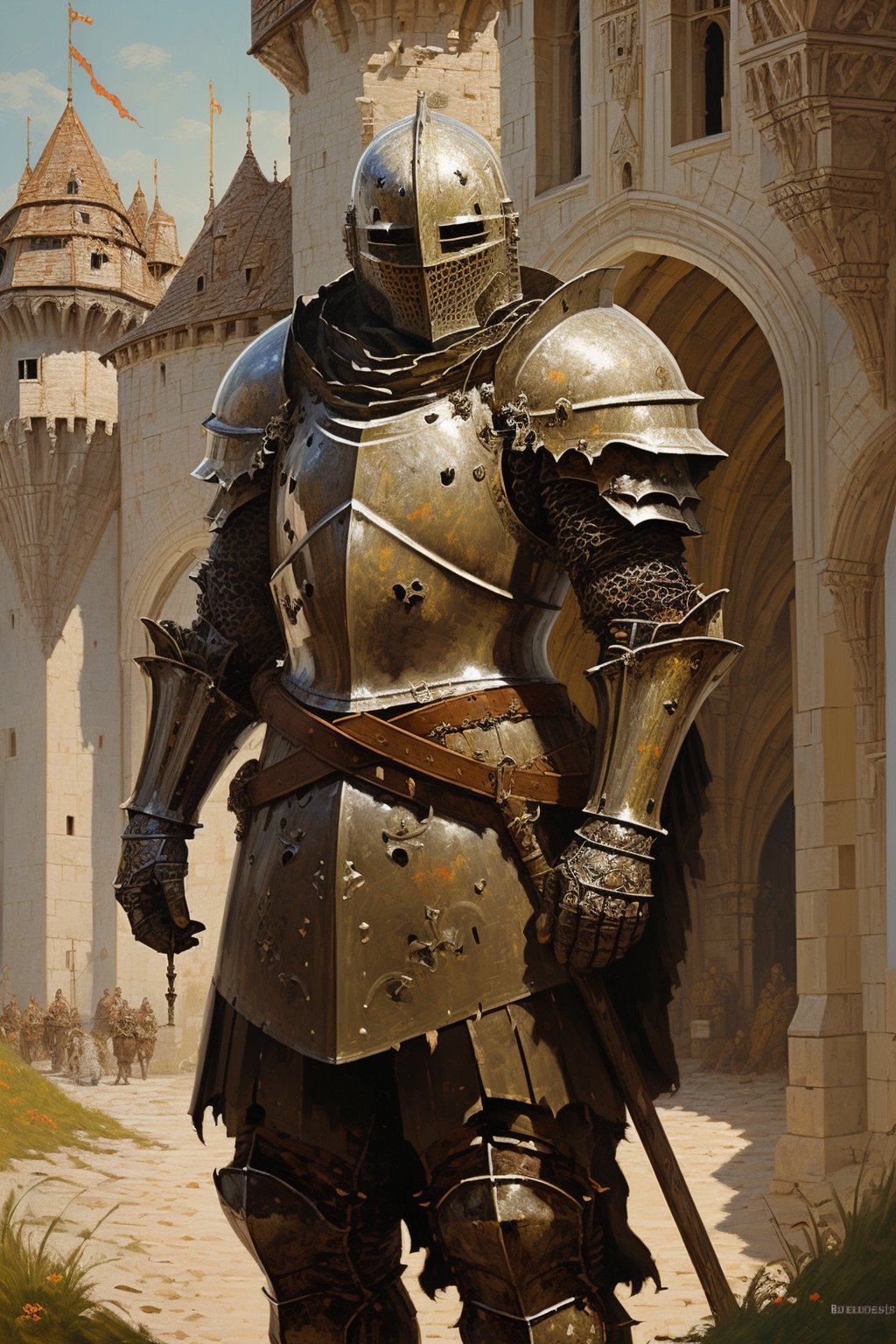 masterpiece, best quality, knight in full armor, helmet, castle, medieval, brown theme, (oil painting), bearly