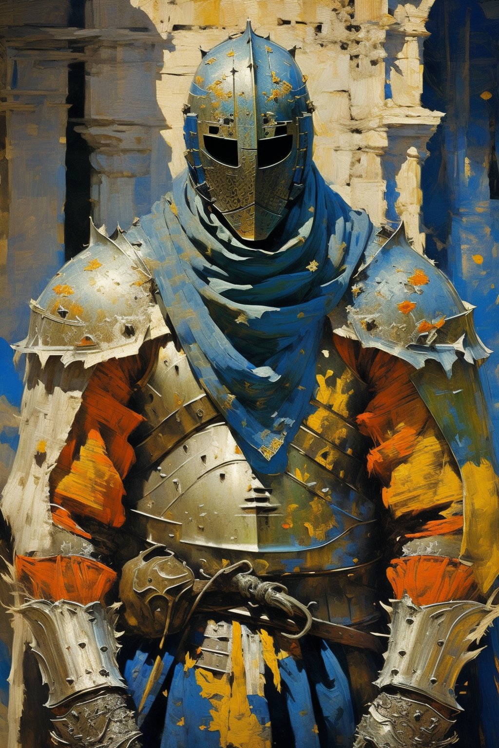 masterpiece, best quality, knight in full armor, helmet, blue scarf, medieval, upper body, bichu, (oil painting), bearly, simplebackground  <lora:oil painting:0.4> <lora:bichu-v0612:0.5>