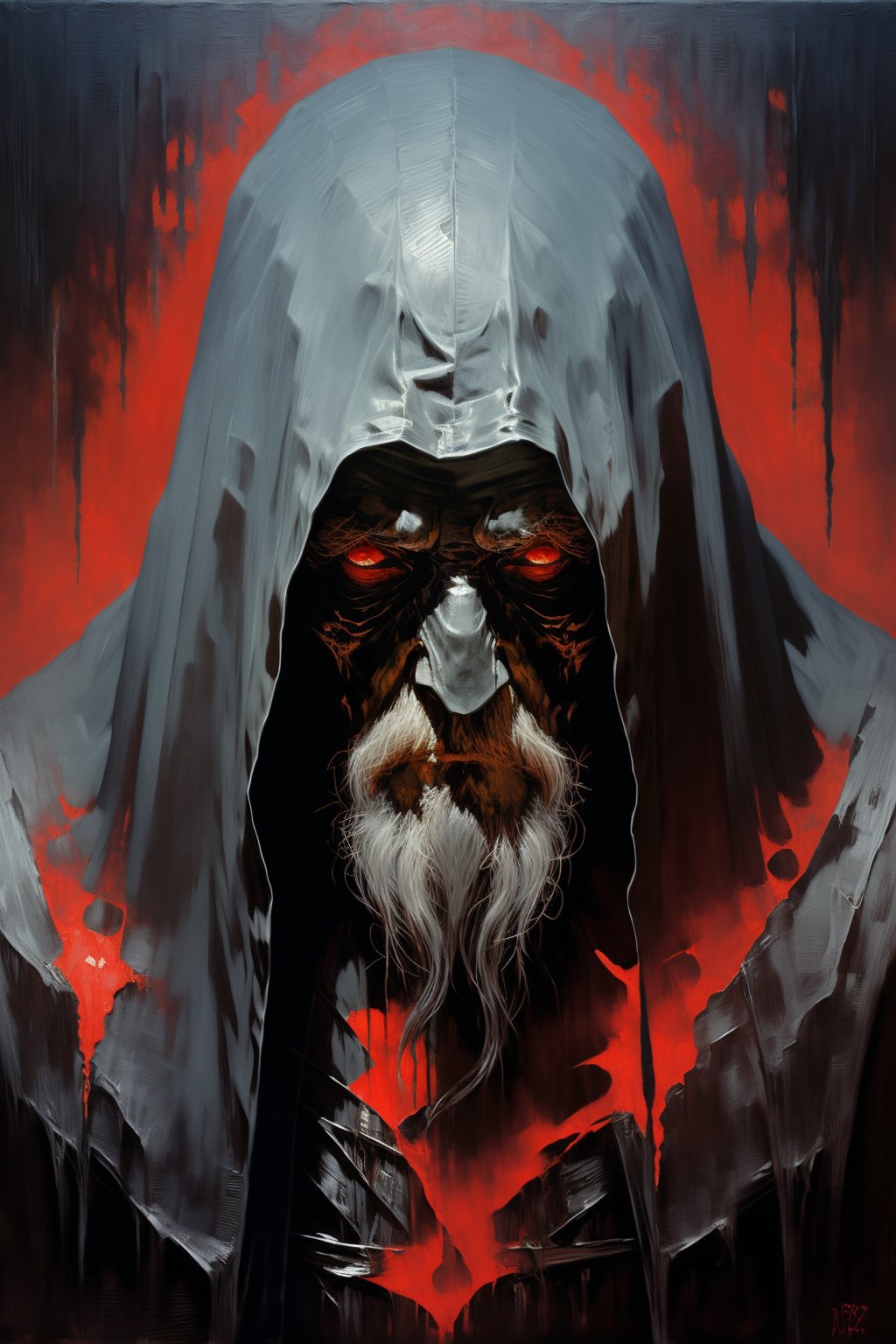masterpiece, best quality, old man wearing a black cape, black hood, dark atmosphere, macabre, red theme, (oil painting)