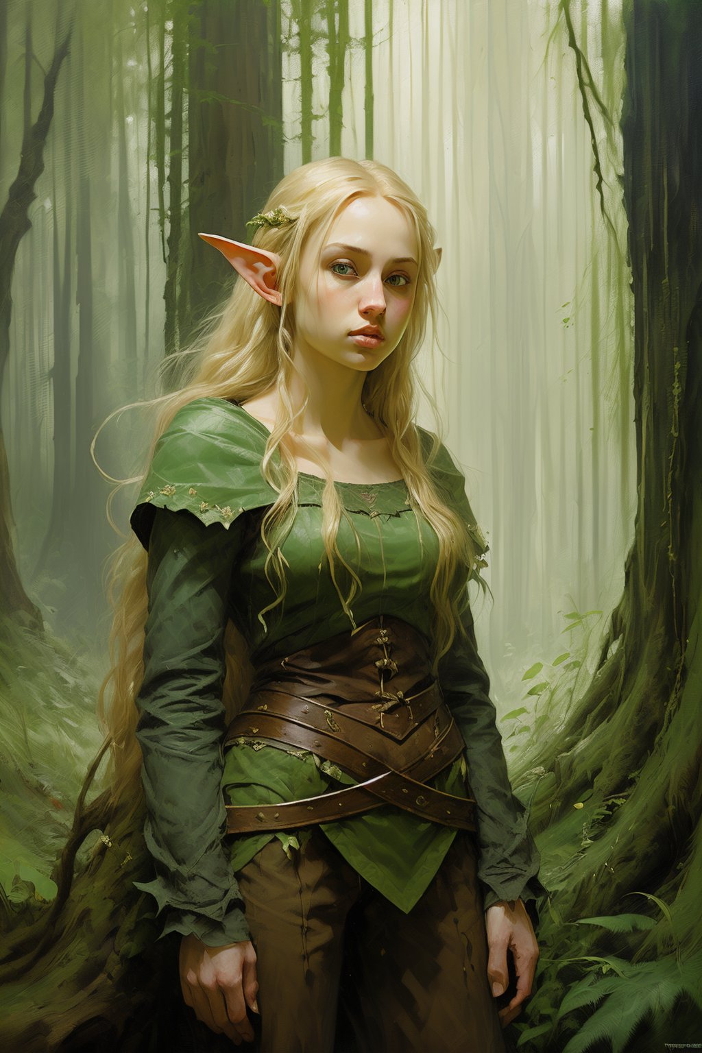 masterpiece, best quality, one young cute woman elf, blonde hair, green torn clothes, nature, green theme, forest overgrown, medieval, (oil painting), bearly