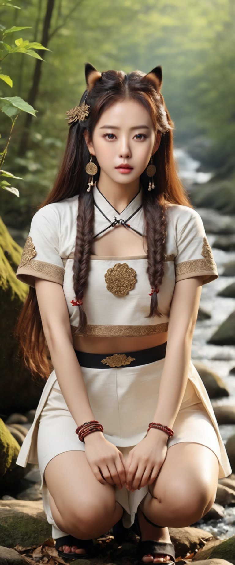 (korean Warrior), (Female), (Fantasy  Setting), | (Kneeling on the forest floor at a creek), | (FULL BODY Generation!!!), | (Insane clothing details), (Beautiful furry Outfit), (aesthetic style), (Choker), (Earings), (High Heels), (Stockings), (hair accessoires), | (Long beautiful hair), (interesting hair style), (Beautiful Face), (shiny Eyes), (Light skin), (Human face expression), | (Kynetic body parts), (body in motion), (realistic face), (realistic limbs), (Proportionate body), (Human Anatomy), | (Complex Background), (High Resolution Image), (Cinematic), (stunning visuals), (professional composition),minsi