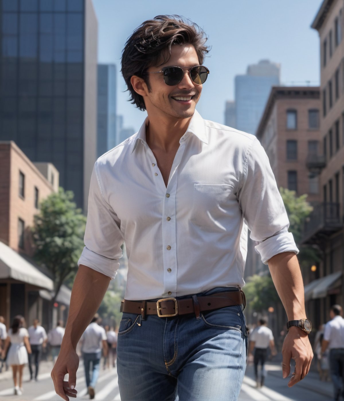 (masterpiece,  best quality,  high resolution,  8k,  ray tracing,  intricate details,  highly detailed),  full_body,  1guy,  sunglasses,  black hair,  short hair,  wwhite collar shirt,  jeans,  belt,  walking,  at urban city,  smile,  scenery,  movie still,  abmhandsomeguy,<lora:EMS-258061-EMS:1.000000>,<lora:EMS-190892-EMS:0.800000>