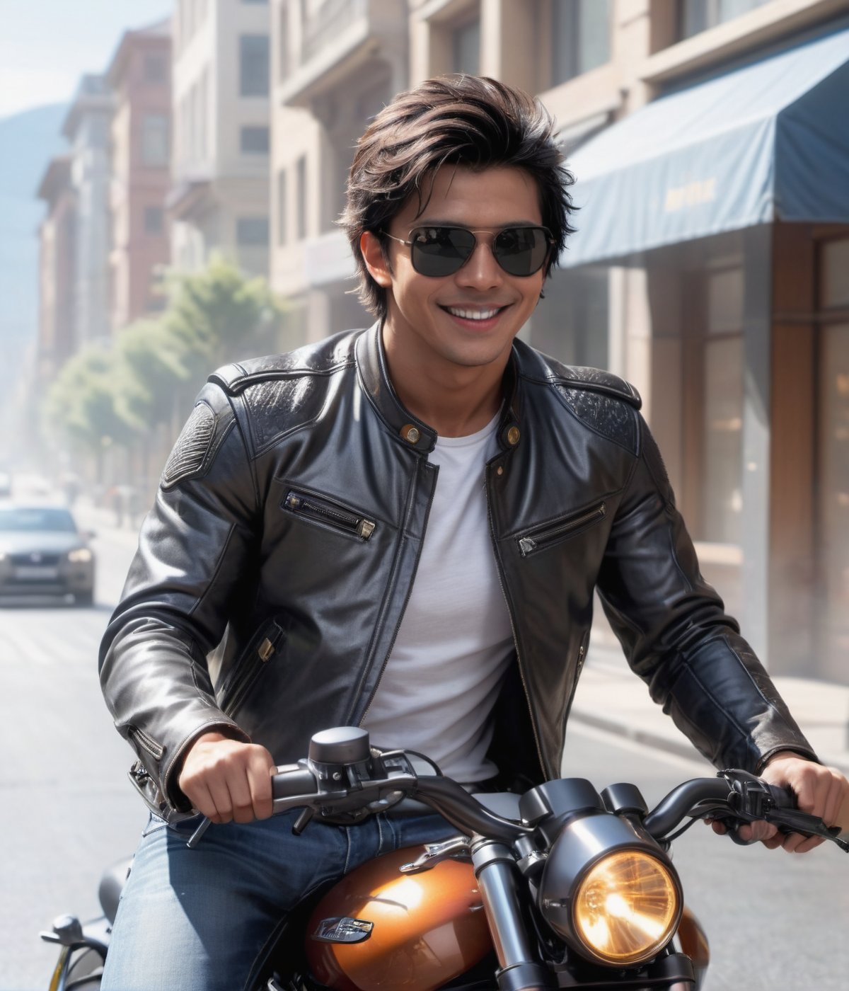 (masterpiece,  best quality,  high resolution,  8k,  ray tracing,  intricate details,  highly detailed),  full_body,  1guy,  sunglasses,  black hair,  short hair,  leather jacket,  jeans,  belt,  riding a superbike,  at urban city,  smile,  scenery,  movie still,  abmhandsomeguy,<lora:EMS-258061-EMS:1.000000>,<lora:EMS-190892-EMS:0.800000>