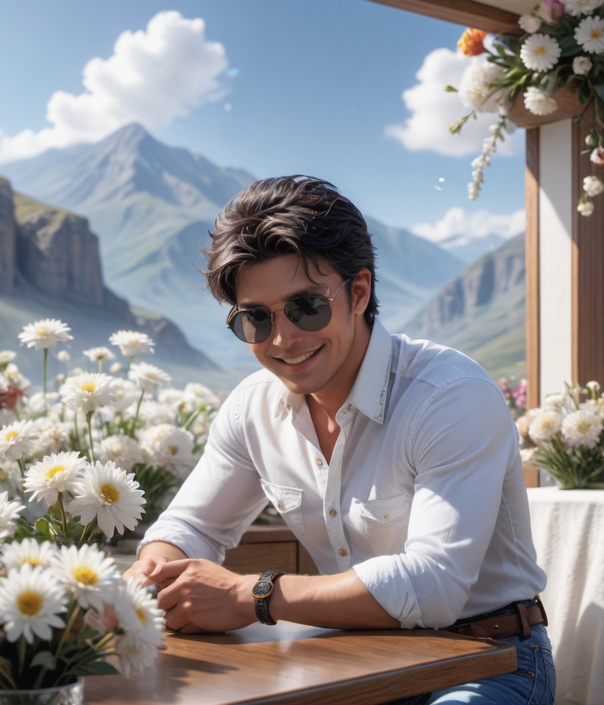 (masterpiece,  best quality,  high resolution,  8k,  ray tracing,  intricate details,  highly detailed),  1man,  sunglasses,  black hair,  short hair,  white collar shirt,  jeans,  belt,  sitting,  looking at a bunch charm flowers on the table,  smile,  scenery,  sparkle,  movie still, abmhandsomeguy,<lora:EMS-258061-EMS:1.000000>,<lora:EMS-190892-EMS:0.800000>