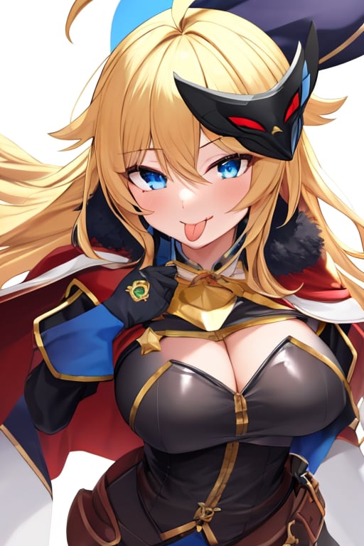 (masterpiece),(best quality), 

1girl, solo, long hair, looking at viewer, blue eyes, blonde hair, gloves, ahoge, tongue, black gloves, tongue out, cape, mask, :p, akanbe