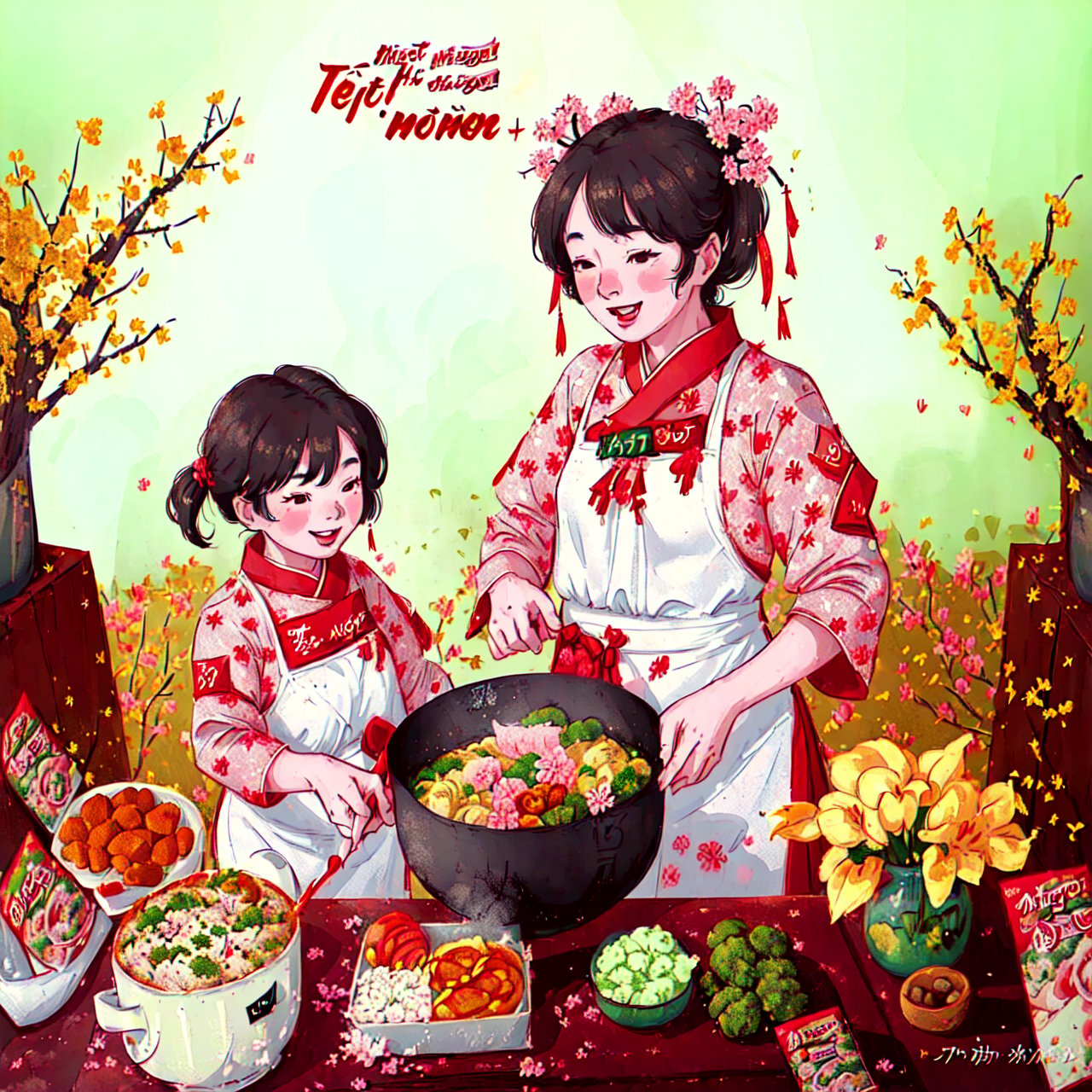 (best quality, masterpiece, high_resolution:1.5), Tet Viet, a family is preparing for the first meal of new year, happy, smile, sakura, best illustration, 2D flat