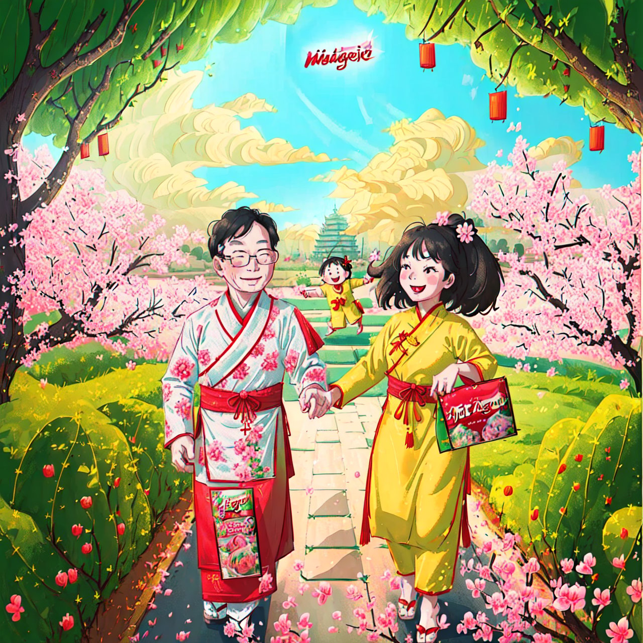 (best quality, masterpiece, high_resolution:1.5), Tet Viet, a Vietnamese father and his daughter are going to the park for new year festival, happy, smile, sakura, 2D flat