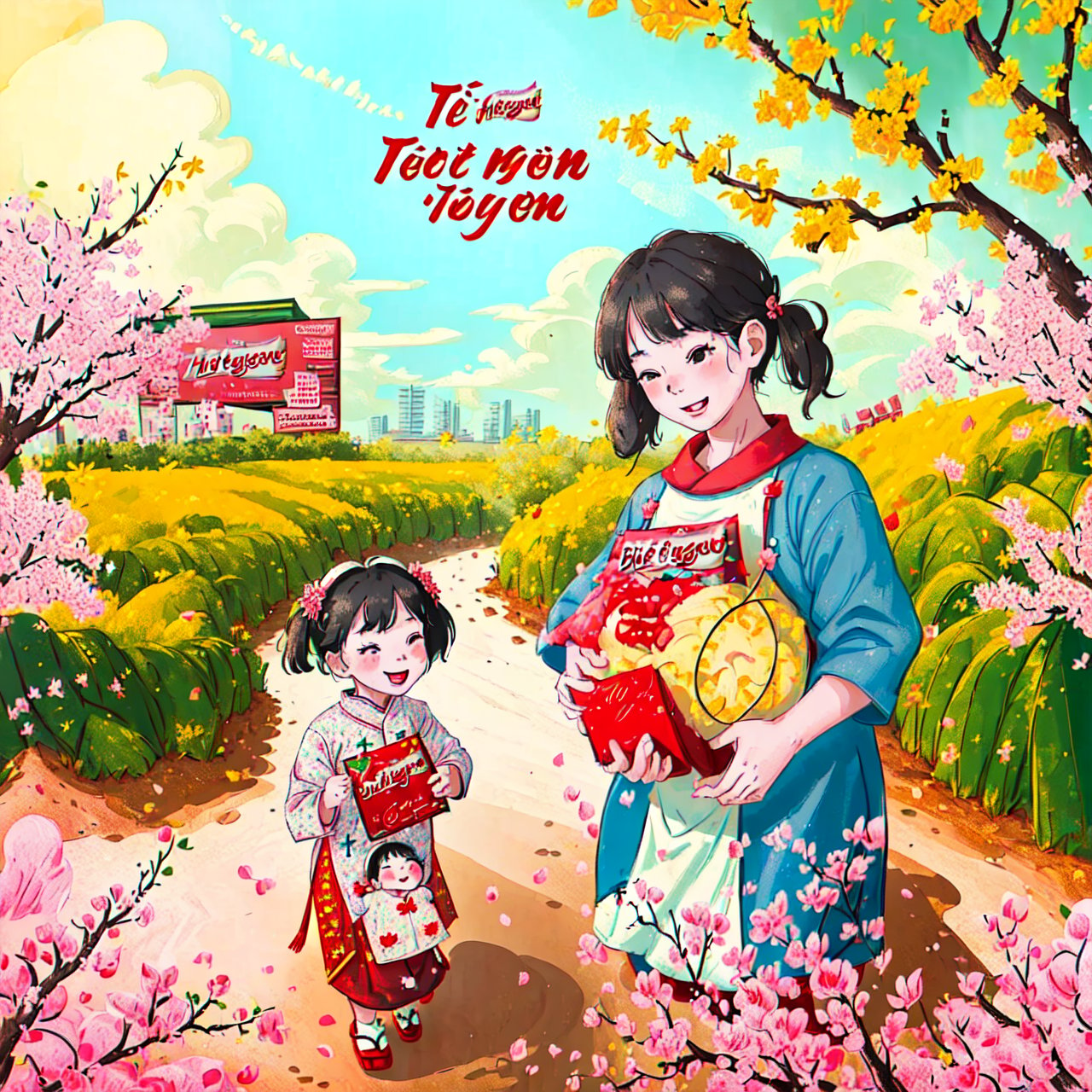 (best quality, masterpiece, high_resolution:1.5), a Vietnamese father and his small daughter are going to the park for new year festival, happy, smile, sakura, 2D flat,Tet Viet