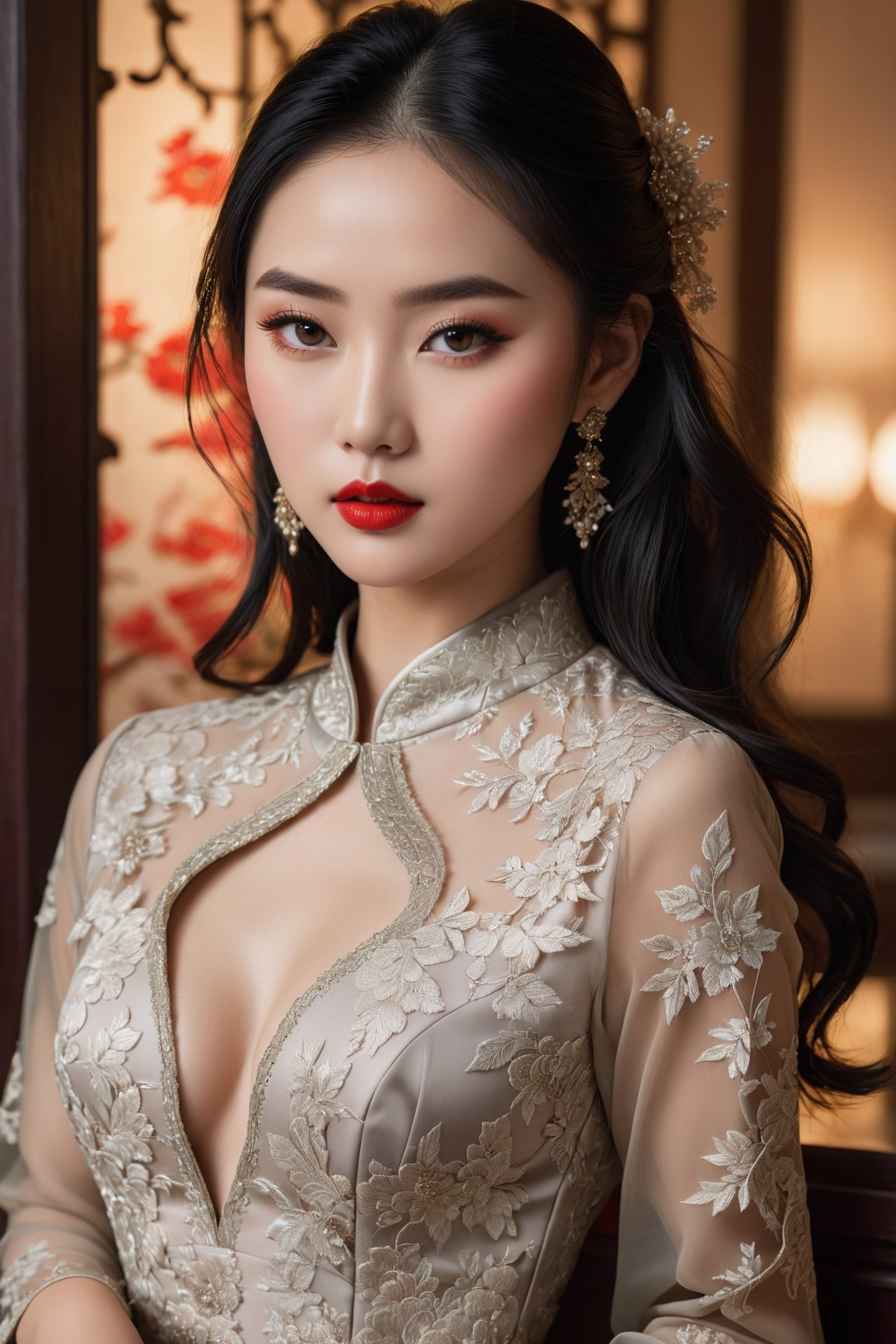 (best quality,4k,8k,highres,masterpiece:1.2),ultra-detailed,realistic:1.37,professional,portrait,chinese woman,beautiful detailed eyes,beautiful detailed lips,long black hair,perfectly shaped eyebrows,dark and alluring eyeshadow,natural blush on cheeks,flawless skin,high cheekbones,delicate features,feminine curves,sexy outfit that flatters her figure,form-fitting dress,red stiletto heels,posh and elegant surroundings,soft and sophisticated lighting,subtle and seductive pose,confident expression,alluring and mysterious gaze,vivid colors,subtle color grading to enhance warmth and richness,intricate details on clothing and accessories,masterfully crafted lace patterns,on-trend fashion design with an Asian influence,impeccable attention to texture and fabric details,exquisite craftsmanship that showcases the beauty of Asian culture,reflection of inner strength and sensuality,celebration of Asian beauty and femininity.