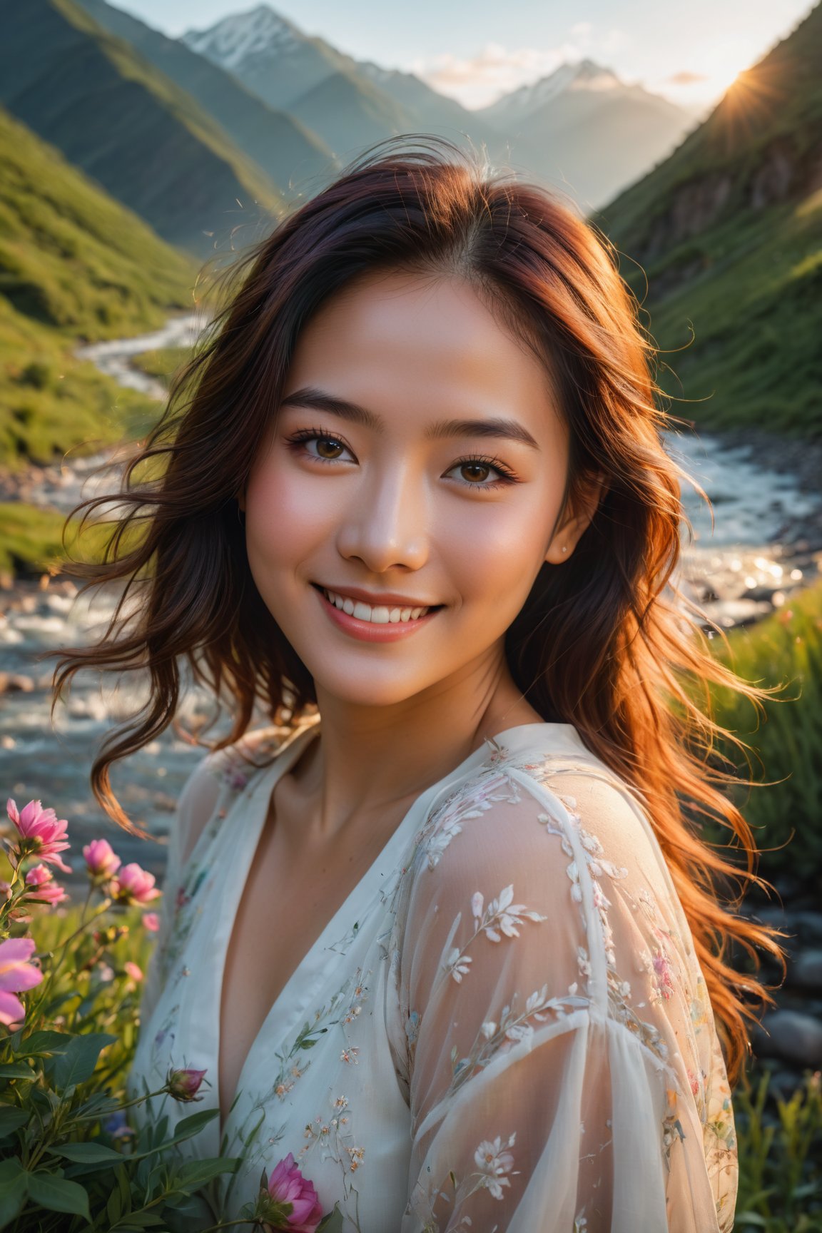 (best quality,8k,highres,masterpiece:1.2),photorealistic,ultra-detailed,vibrant photography of a woman in nature, cute smile,dramatic lighting,finely detailed beautiful eyes,fine detailed skin,Natural scenery,majestic landscape,colorful flowers,distant mountains,flowing rivers,melting sunset,serene atmosphere,dazzling sunlight,blissful vibes,freckled face,luscious greenery,soft breeze,ethereal beauty,Asian