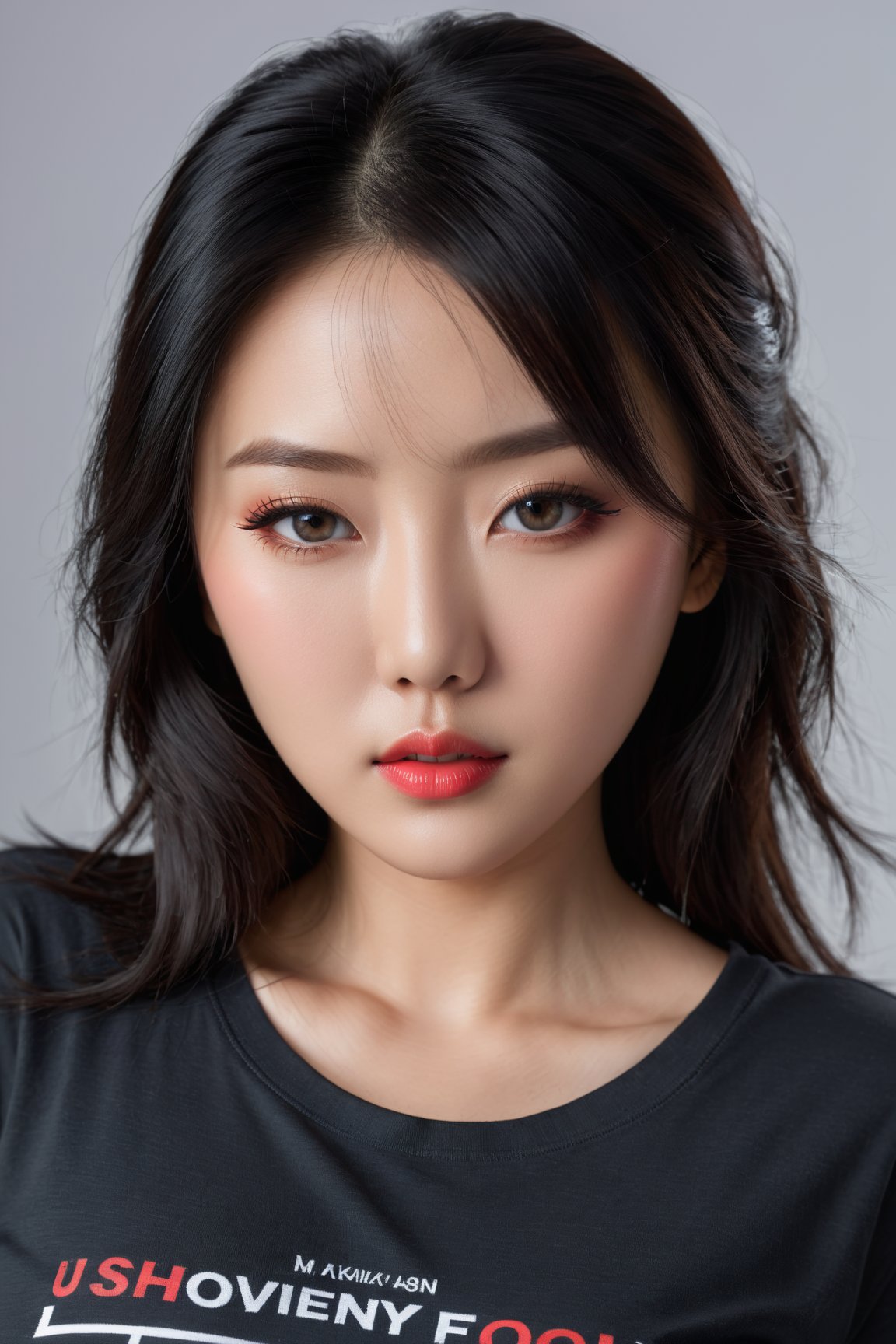 beautiful,sexy,asian woman,T-shirt,huge breast,photorealistic,best quality,4k,8k,highres,masterpiece:1.2,ultra-detailed,realistic:1.37,vivid colors,physically-based rendering,portrait,detailed eyes,detailed lips,longeyelashes,black hair,sharp focus,studio lighting