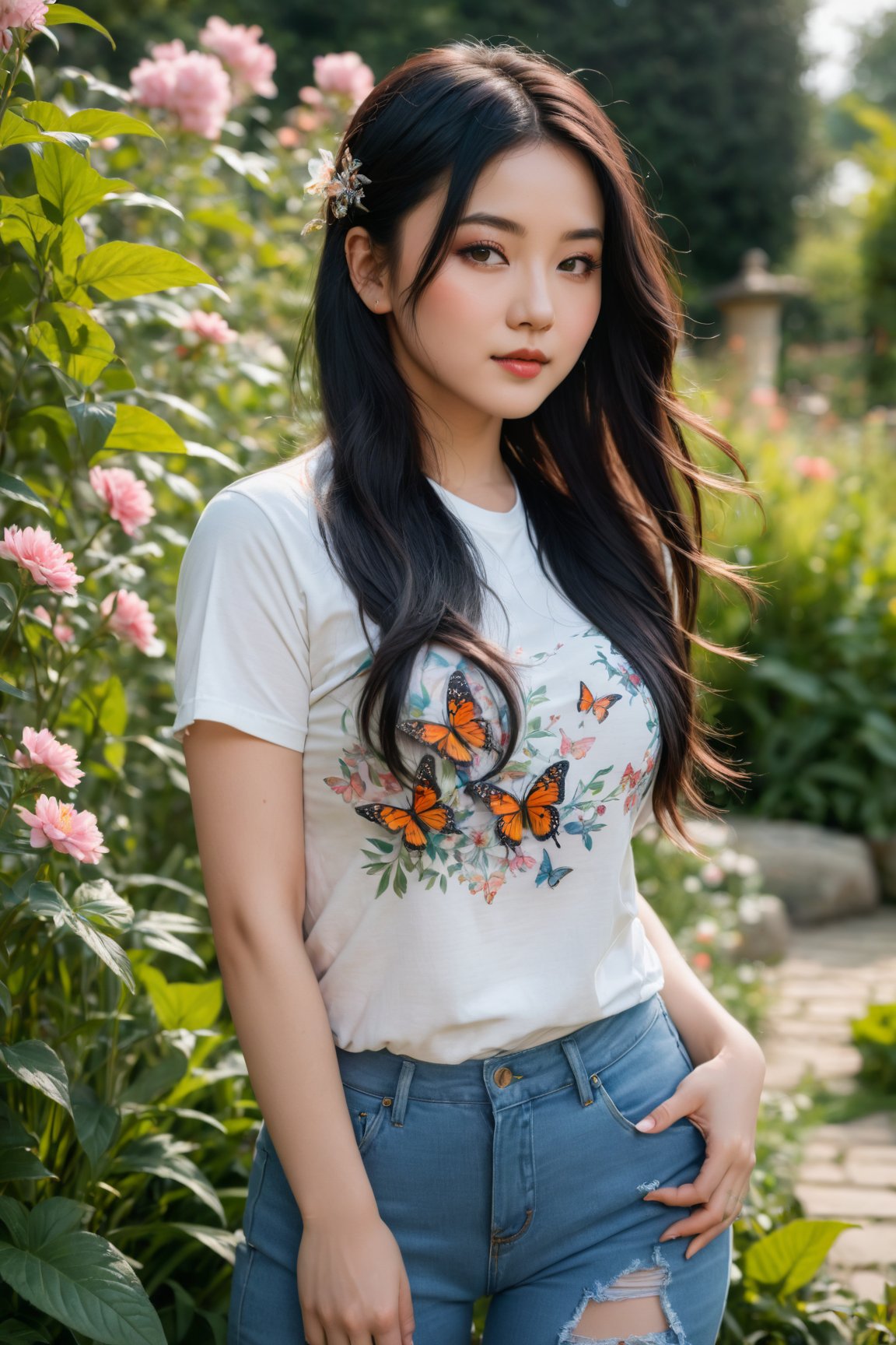 (high quality,4k,8k,highres,masterpiece:1.2),ultra-detailed,realistic:1.37,portrait,asian,girl,tattoo,black hair,long flowing hair,vibrant colors,expressive eyes,pouty lips,subtle makeup,stylish,confident,relaxing in a garden,summer breeze,soft sunlight,casual attire,stylish T-shirt,fitted jeans,beautiful curves,feminine charm,graceful pose,natural surroundings,dainty flowers,butterflies dancing around,serene atmosphere,one hand on hip,gentle smile,peaceful mood