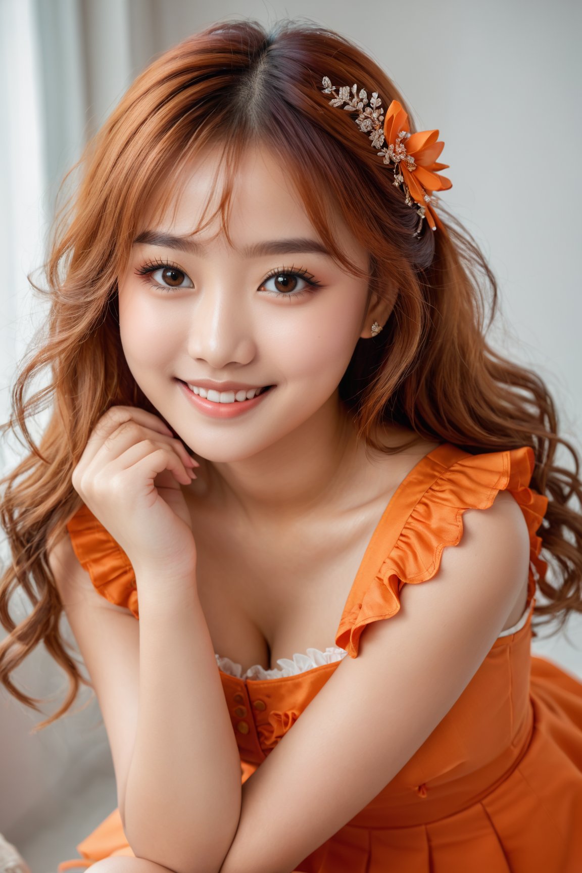 (best quality,4k,8k,highres,masterpiece:1.2), ultra-detailed, (realistic,photorealistic,photo-realistic:1.37), beautiful, cute, asian girl, brown skin, detailed eyes and face, long eyelashes, perfect facial features, charming smile, vibrant orange hair, short frilly skirt, joyful expression, small delicate hands, elegant pose, soft natural lighting, vivid colors, fine brush strokes, warm and inviting atmosphere, breathtaking background, traditional portrait style.