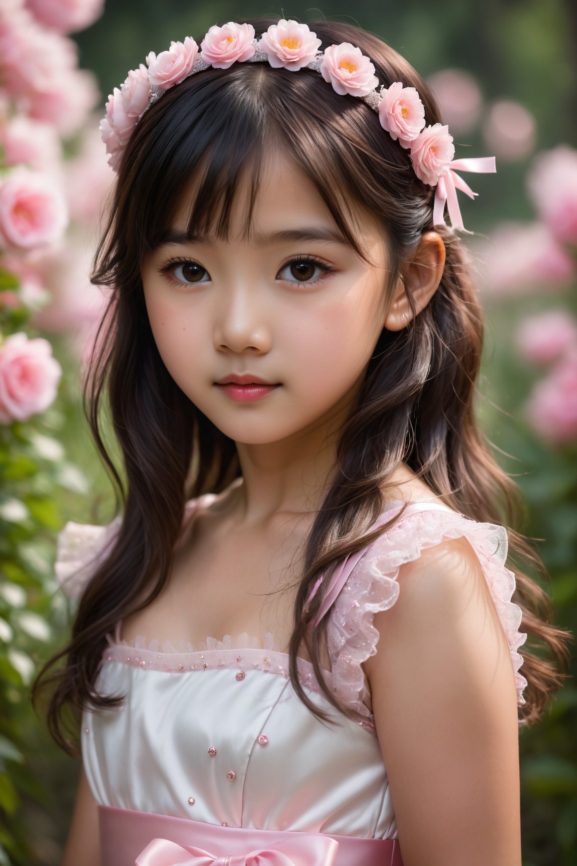(best quality,4k,8k,highres,masterpiece:1.2),ultra-detailed,(realistic,photorealistic,photo-realistic:1.37),beautiful cute asian,brown skin,little girl,beautiful dress,freckles,dark brown eyes,slight smile,long black hair with pink ribbon,delicate eyebrows,rosy cheeks,vivid colors,soft lighting,airy background,fairy tale theme,flowers,sparkling tiara