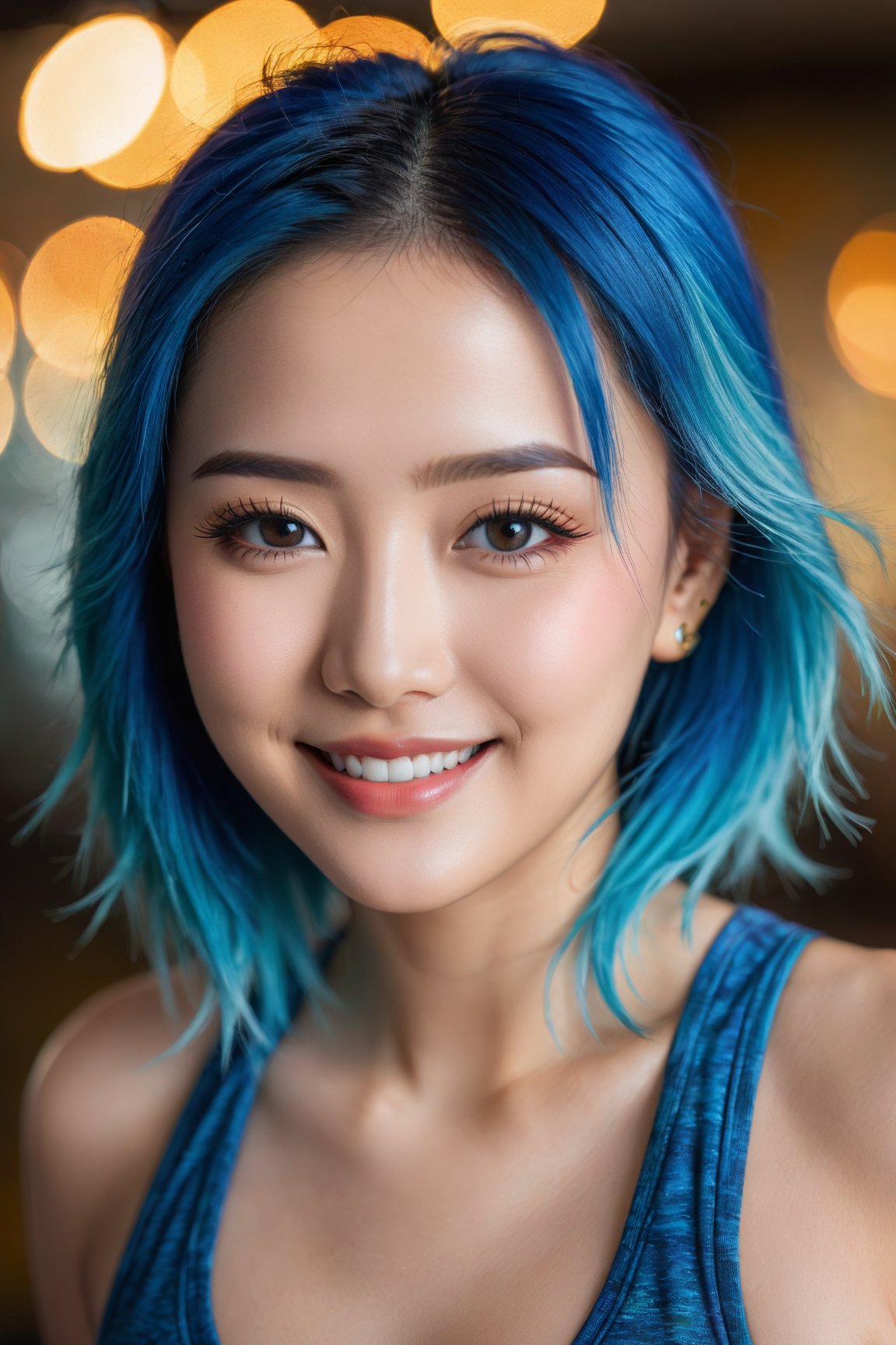 Asian woman, smiling, blue hair, gym clothes, (best quality, highres:1.2), (vivid colors, colorful:1.1), (bokeh), (portraits), (studio lighting), (ultra-fine painting), (sharp focus), (extremely detailed eyes and face), (detailed lips), (beautiful detailed eyes), (long eyelashes)