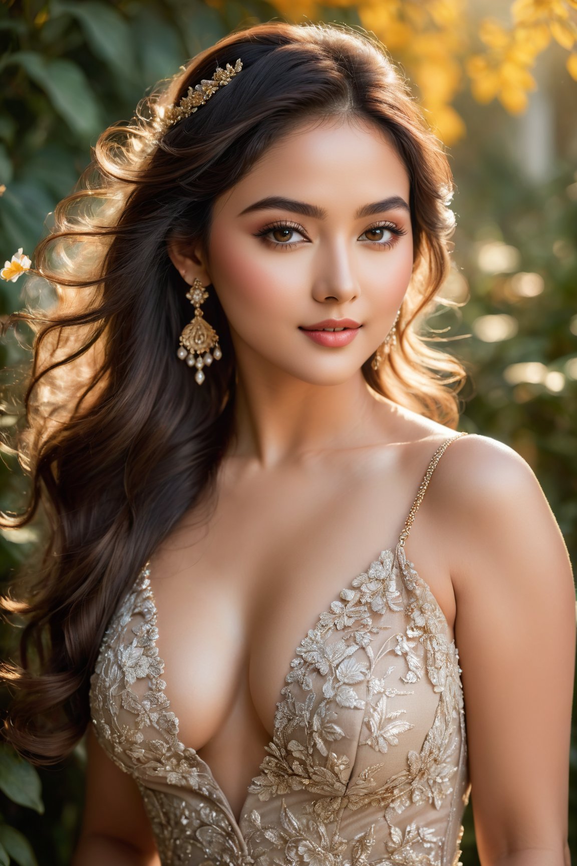 (best quality,4k,8k,highres,masterpiece:1.2),ultra-detailed,(realistic,photorealistic,photo-realistic:1.37),beautiful detailed eyes,beautiful detailed lips,extremely detailed eyes and face,long eyelashes,sexy outfit,gorgeous dress,indian woman,asian woman,perfect skin complexion,vibrant makeup,perfectly styled hair,romantic atmosphere,golden hour lighting,soft warm tones,dreamy background,picturesque garden setting,delicate flowers,subtle wind blowing,alluring gaze,sultry expression,seductive poses,mysterious atmosphere,confident posture,mesmerizing charm,exquisite jewelry,sparkling earrings,generous curves,voluptuous figure,graceful movements,attention-grabbing silhouette,sensuous vibes,striking beauty,attractive features,high cheekbones,ravishing smile,radiant personality,alluring presence,impressive physique,show-stopping appearance,mesmerizing eyes,enticing lips,ultimate feminine allure,eye-catching details,charming color palette,charismatic aura,impeccable attention to detail,flawlessly executed artwork,long flowing hair,tempting sensuality,ethereal grace,unforgettable elegance,irresistible magnetism,unapologetic confidence,enviable curves,captivating magnetism,exotic beauty,unforgettable masterpiece.
