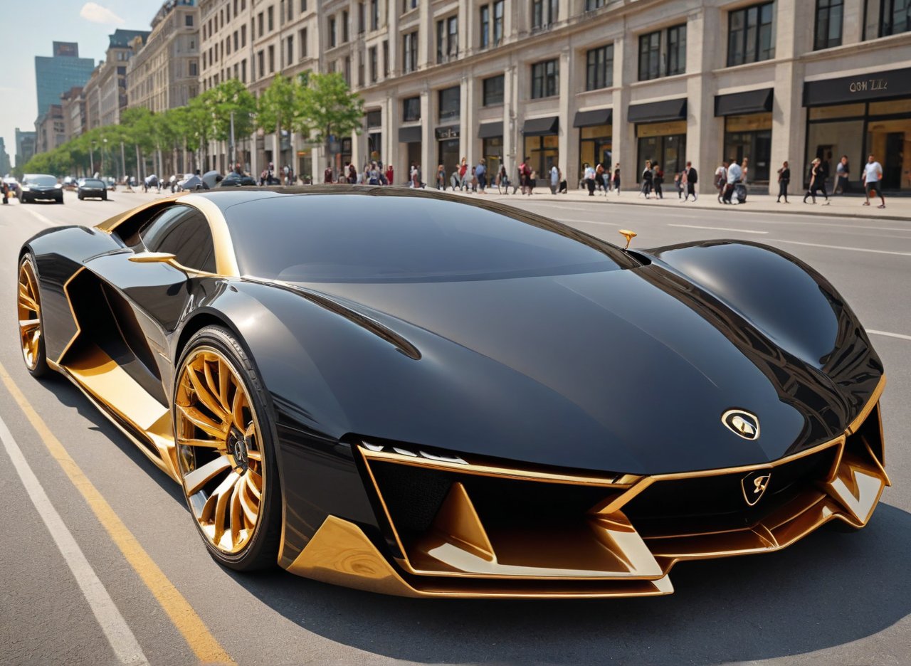 ( View Angle Top:1.5), Futuristic Hi-Tech, High Waist, Sleek Sci-Fi Bodywork, Large Rear Wheels, Shiny Obsidian and Gold Protective Tubes, gold Wheels, Black Rubber Tires, On the Road, Urban Background, Noon, Front View ,masterpiece, best quality, high quality, 4K, beautiful design,Obsidian_Gold,c_car