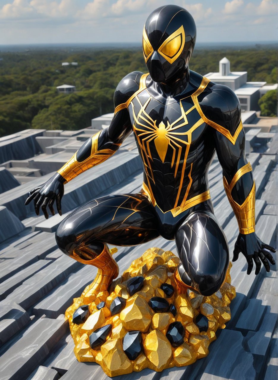 Full length shot, (Obsidian_Gold, Spiderman:1.7), on roof,Obsidian_Gold