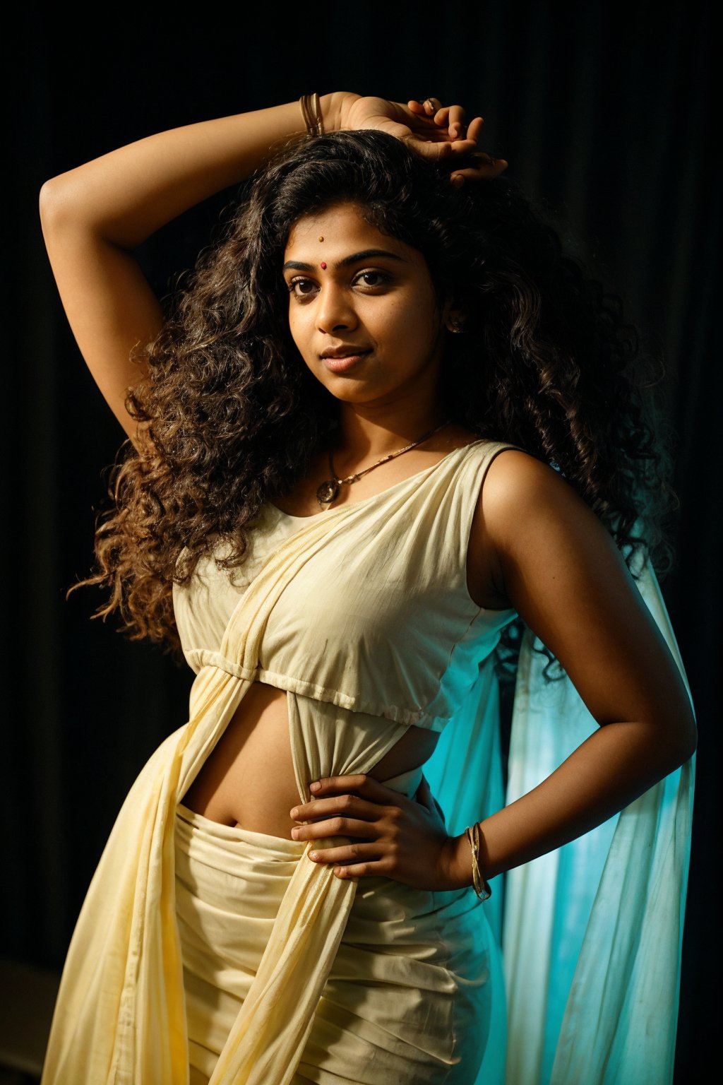 22 year old indian woman,  thick waist, long curly brown hair, futuristic dress, bioluminescence, bio suite, , front view, movie scene, cinematic, high-quality, ultra-detailed, professionally color graded, professional photography.  ( hard light:1.2), (volumetric:1.2), well-lit, double exposure, award-winning photograph, dramatic lighting, dramatic shadows, illumination, long shot, wide shot, full body, at studio, smart watch on left hand, happy_face, Fast shutter speed, 1/1000 sec shutter, salwar, hand_up, sleeveless,18 year old girl,Athulya,1 girl,perfect,REALISTIC,20 year old girl,Curly hair women