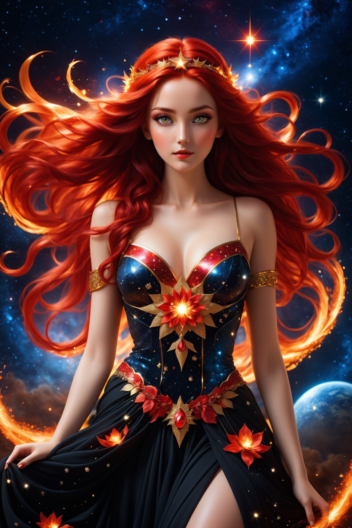 In the center of the picture stands a beautiful goddess of fire, a striking figure of unearthly beauty, she has flowing black and red hair, Her eyes, deep as the universe itself, radiate gentle wisdom and connection with all living things, The beautiful goddess is dressed in a heavenly star-spangled dress, as if she is part of the cosmos itself, The dress shimmers, luminism, smoothness, 3d render, by yukisakura, stunning full color,

