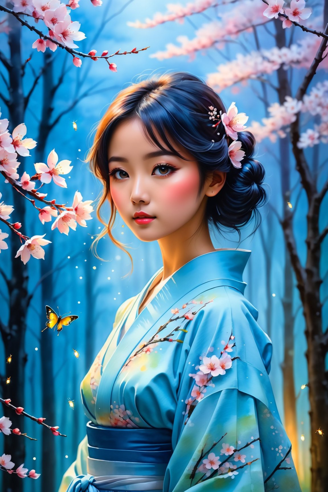 watercolor painting,pastel blue silhouette,japanese beautiful girl,adorned vibrant hues,captivating contours,cherry blossom forest background,fireflies,(best quality,4k,8k,highres,masterpiece:1.2),ultra-detailed,(realistic,photorealistic,photo-realistic:1.37),watercolor style,vibrant colors,soft brushstrokes,subtle washes,delicate details,natural light