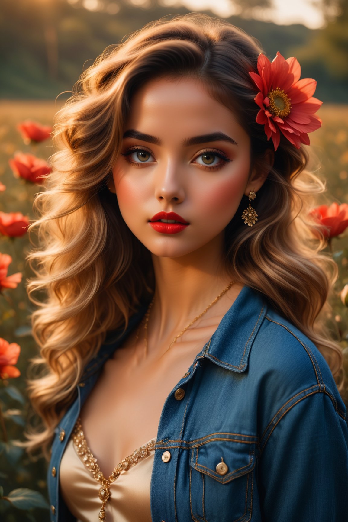 (best quality,4k,highres,masterpiece:1.2),ultra-detailed,(realistic:1.37)
cinematic film still, Raw Photo of 1girl, blurry, denim, flower, hair flower, hair ornament, lips, long hair, looking at viewer, midriff, navel, red flower, solo, gorgeous, film grain, close-up of face, dreamy atmosphere, soft lighting, vintage aesthetic, artsy composition, natural beauty, youthful charm, delicate features, expressive eyes, tousled hair, feminine allure, confident pose, serene expression, golden hour lighting, subtle color grading, ethereal appearance, whimsical vibes, mysterious aura, romantic ambiance, tranquil mood, captivating gaze, cinematic flair, subtle bokeh effect, delicate jewelry, retro vibe