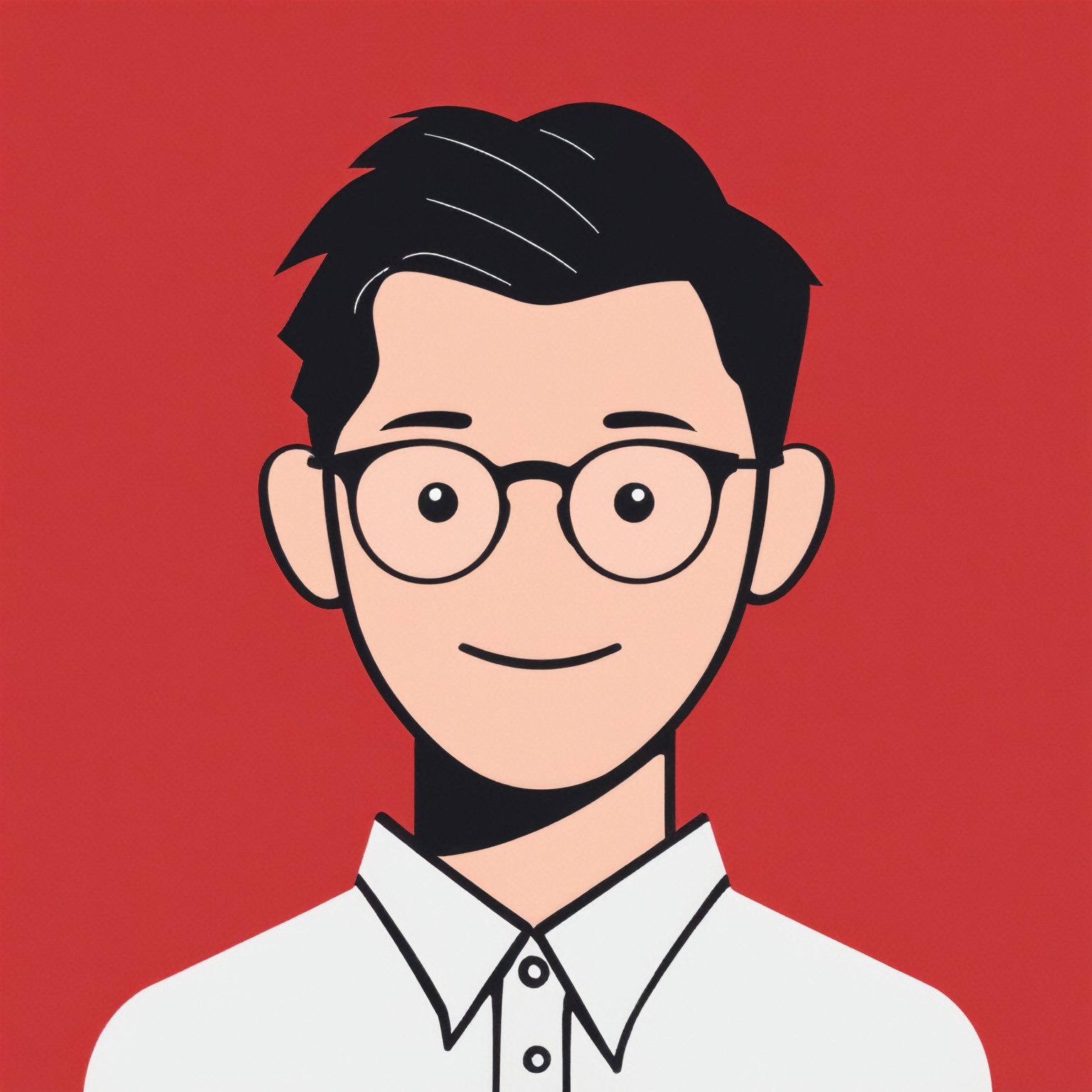 AiArtV,  Flat Illustration,  Vector Illustration,  solo, looking at viewer, smile, short hair, simple background, shirt, black hair, 1boy, white shirt, upper body, male focus, glasses, collared shirt, black eyes, red background,<lora:EMS-259705-EMS:0.800000>