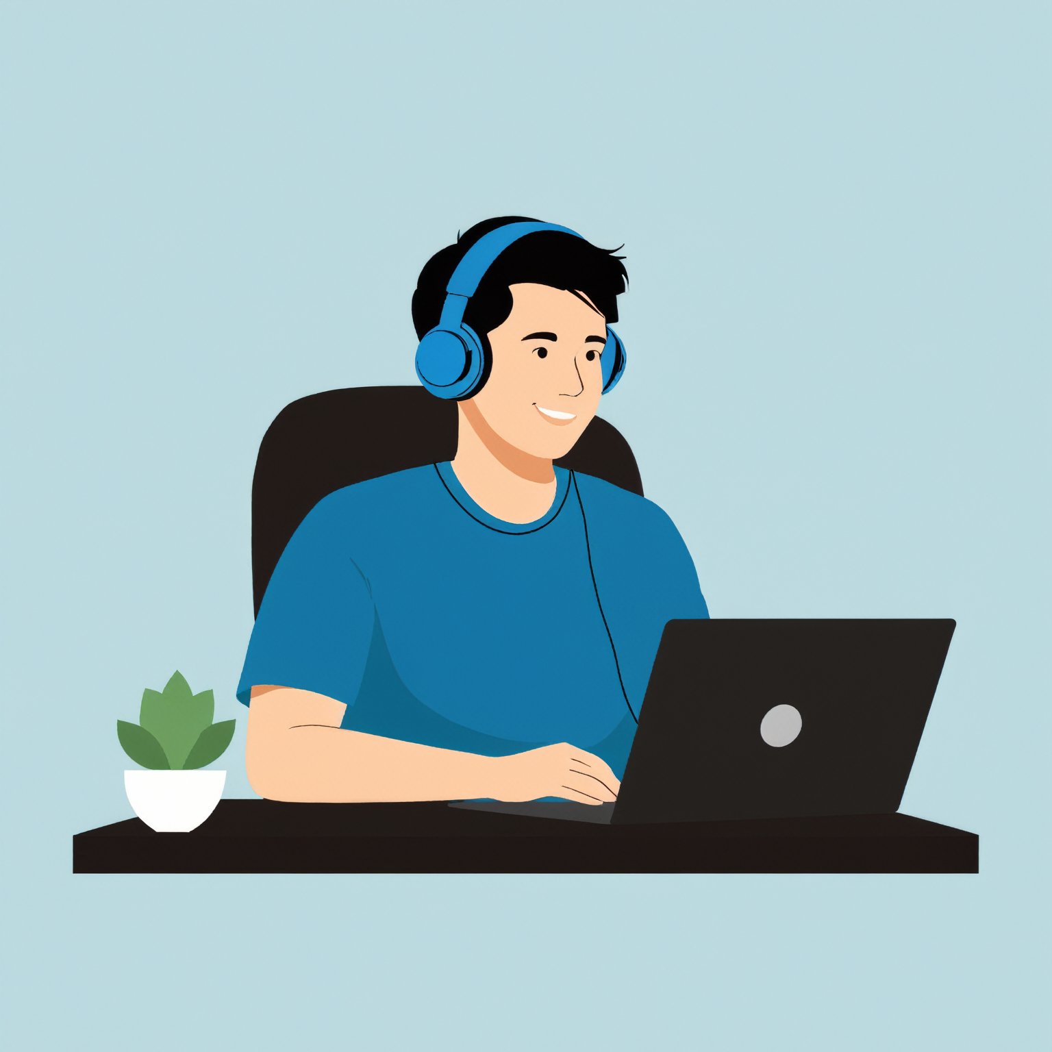 AiArtV,  Flat Illustration,  Vector Illustration,  solo, smile, short hair, simple background, shirt, black hair, 1boy, white background, sitting, upper body, short sleeves, male focus, black shirt, headphones, table, blue shirt, headset, computer, flat color, laptop,<lora:EMS-259705-EMS:0.800000>