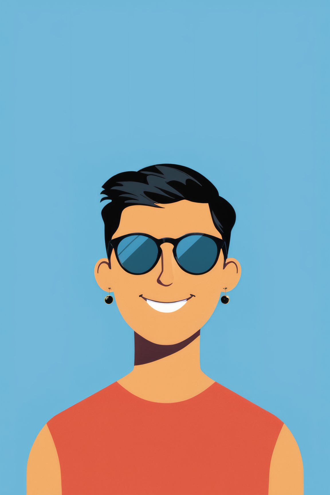 AiArtV, Flat Illustration, Vector Illustration,1boy, male focus, solo, sunglasses, earrings, smile, short hair, blue background, black hair