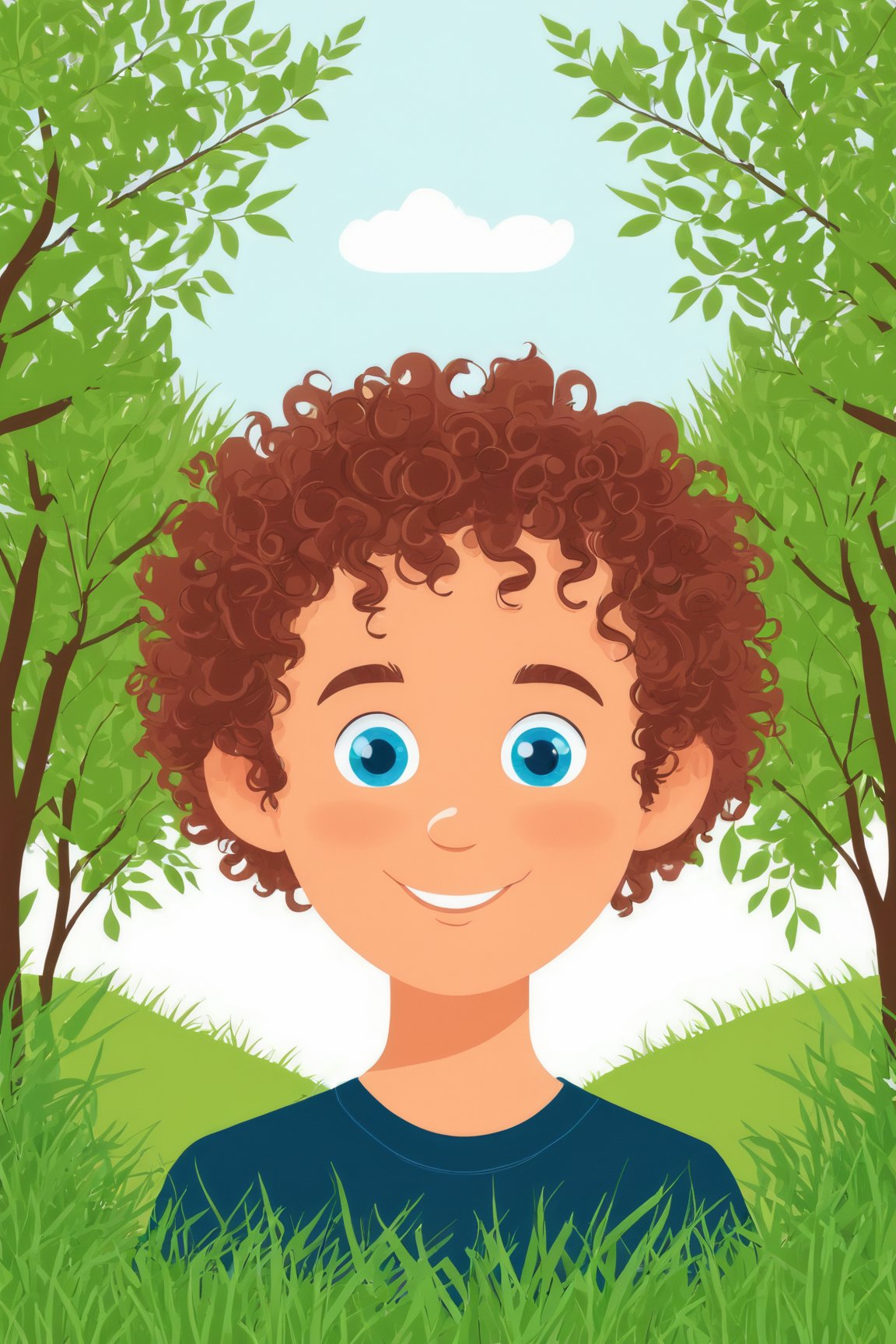 AiArtV, Flat Illustration, Vector Illustration,beautiful detailed face, cute smile,outdoor,boy,blue eyes,soft curly hair,green grass,trees in the background