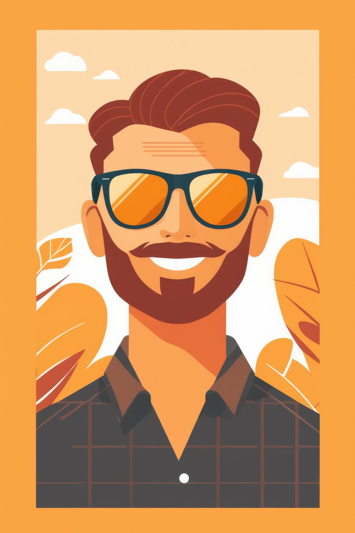 AiArtV, Flat Illustration, Vector Illustration,close-up portrait of a man with a warm smile, stylish sunglasses, and a relaxed outdoor ambiance