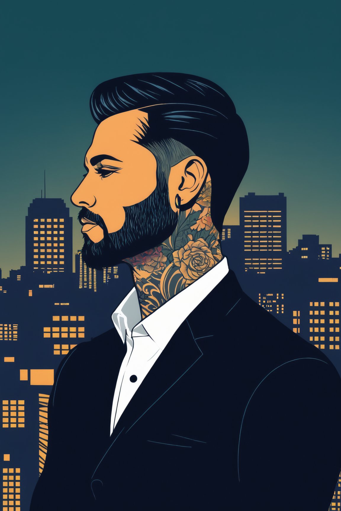 AiArtV, Flat Illustration, Vector Illustration, portrait,tattoo on her neck,man with neck tattoo,wearing a dark suit,city backdrop