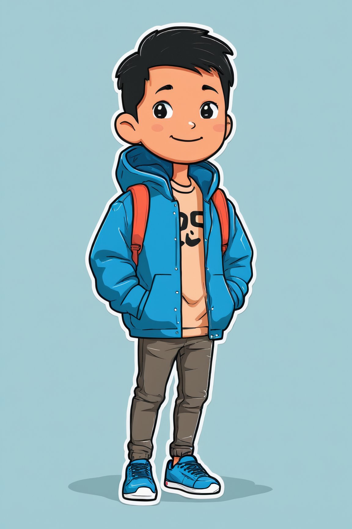 AiArtV,  Flat Illustration,  Vector Illustration,  solo, smile, simple background, shirt, black hair, 1boy, standing, jacket, full body, male focus, shoes, hood, black eyes, hoodie, blush stickers, sneakers, blue footwear,<lora:EMS-259705-EMS:0.800000>