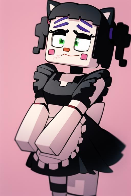<lora:babymc-09:1> babymc, simple pink background, ((wearing maid outfit, black dress, maid outfit, cat ears)), masterpiece, best quality