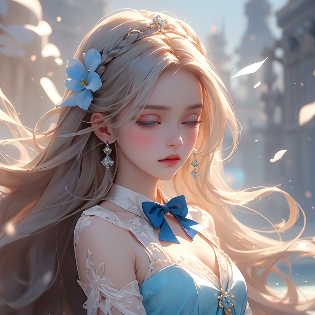 (((masterpiece))),best quality, illustration,(beautiful detailed girl),beautiful detailed glow,detailed ice,beautiful detailed water,(beautiful detailed eyes),expressionless,(floating palaces),azure hair,disheveled hair,long bangs, hairs between eyes,(skyblue dress),black ribbon,white bowties,midriff,{{{half closed eyes}}},big forhead,blank stare,flower,large top sleeves