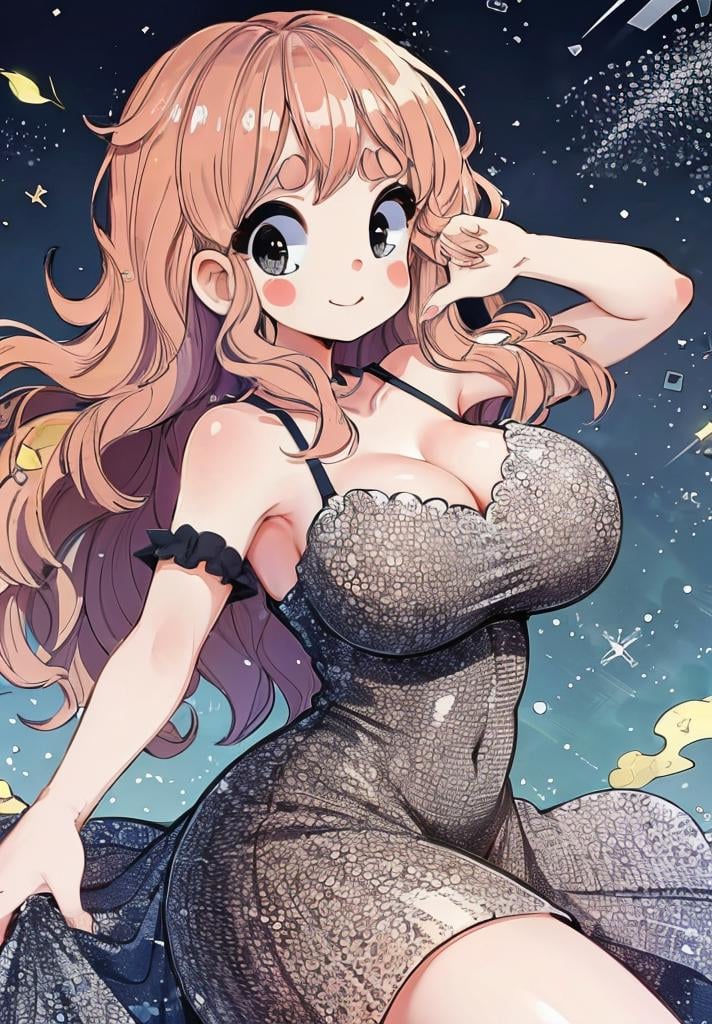1girl, large breasts, curvy, black eyes, cute pose, smile, popstar, long wavy hair, thick eyebrows, pink hair, idol clothes, detailed landscape, dynamic pose, dynamic angle, cowboy shot, (masterpiece:1.2), (best quality, highest quality), (ultra detailed), (8k, 4k, intricate),  