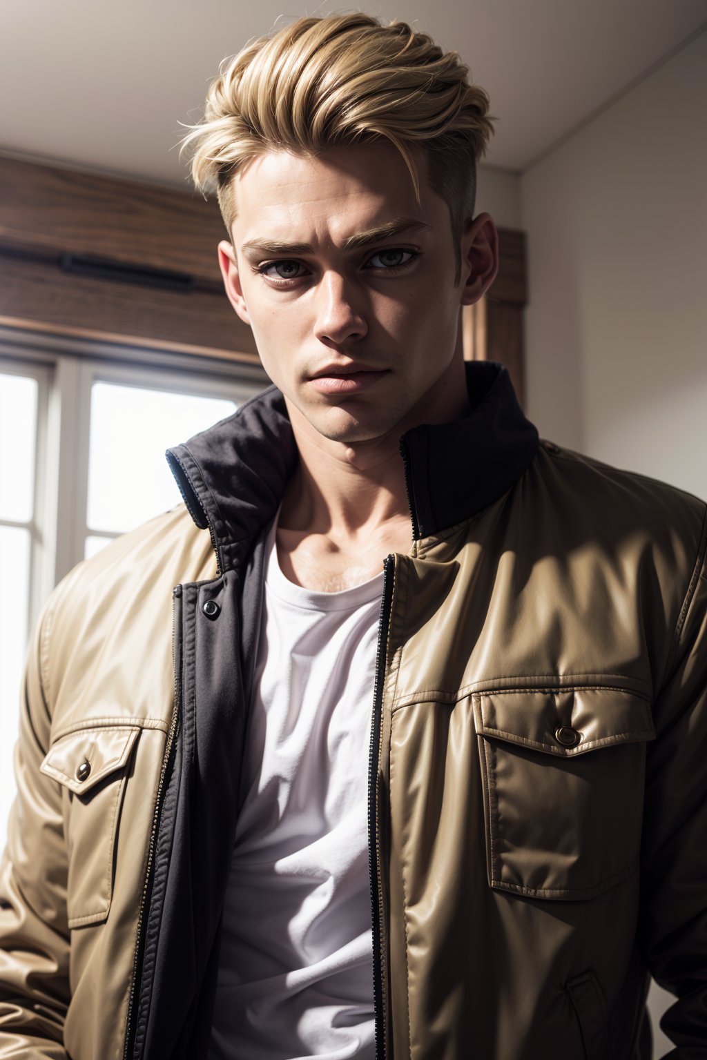 porco_galliard, solo, looking at viewer, short hair, blonde hair, brown hair, shirt, 1boy, jacket, white shirt, upper body, male focus