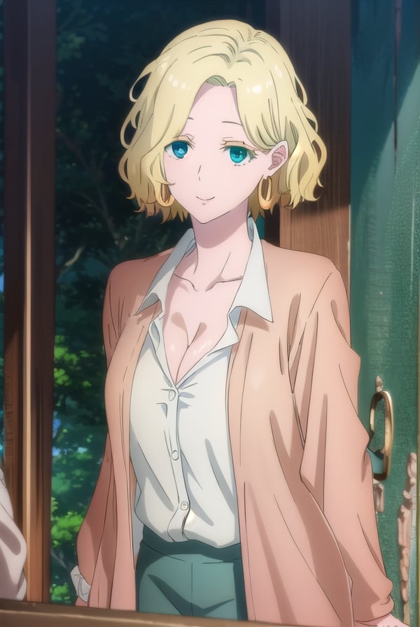 ferrisolston, <lora:ferris olston s1-lora-nochekaiser:1>,ferris olston, short hair, blonde hair, (green eyes:1.3), mature female, smile,BREAK shirt, cleavage, jewelry, collarbone, jacket, white shirt, earrings, collared shirt, brown jacket, hoop earrings,BREAK indoors,BREAK looking at viewer, (cowboy shot:1.5),BREAK <lyco:GoodHands-beta2:1>, (masterpiece:1.2), best quality, high resolution, unity 8k wallpaper, (illustration:0.8), (beautiful detailed eyes:1.6), extremely detailed face, perfect lighting, extremely detailed CG, (perfect hands, perfect anatomy),