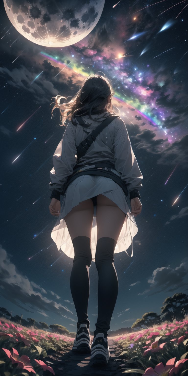 (bottom view), girl standing in a flower field looking up (full moon), (shooting stars), (nebula), sakura, (warm light source:), (Firefly), intricate details, volumetric lighting, (masterpiece), (best quality), 4k, ultra-detailed, (dynamic composition), highly detailed, colorful details, (rainbow colors), (glowing lighting, atmospheric lighting), dreamy, magical,